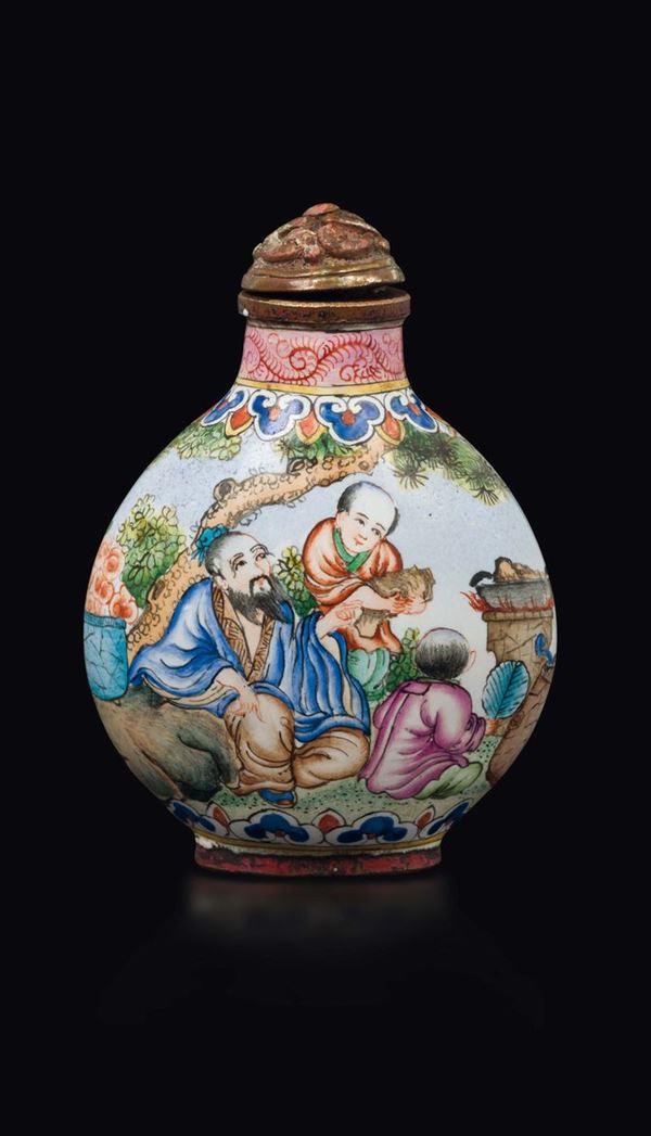 A Canton enamelled snuff bottle with wise men, China, Republic, 20th century