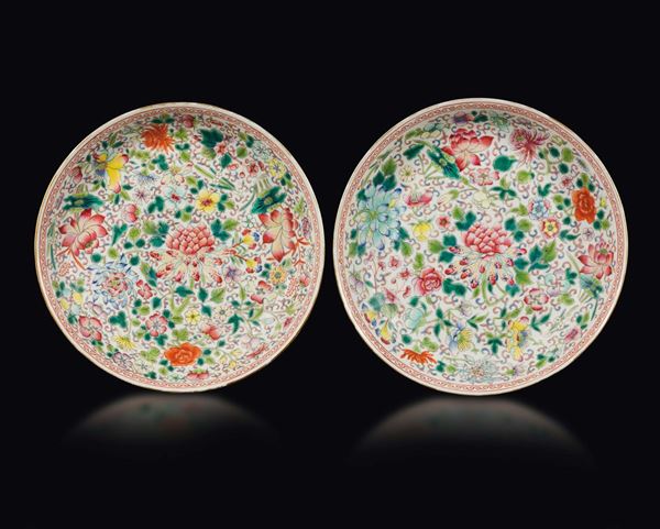 A pair of polychrome enamelled milleflor-ground porcelain dishes, China, Republic, 20th century