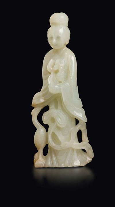 Figura di Guanyin Scolpita in Giada Bianca, Cina, Dinastia Qing, XVIII Secolo
