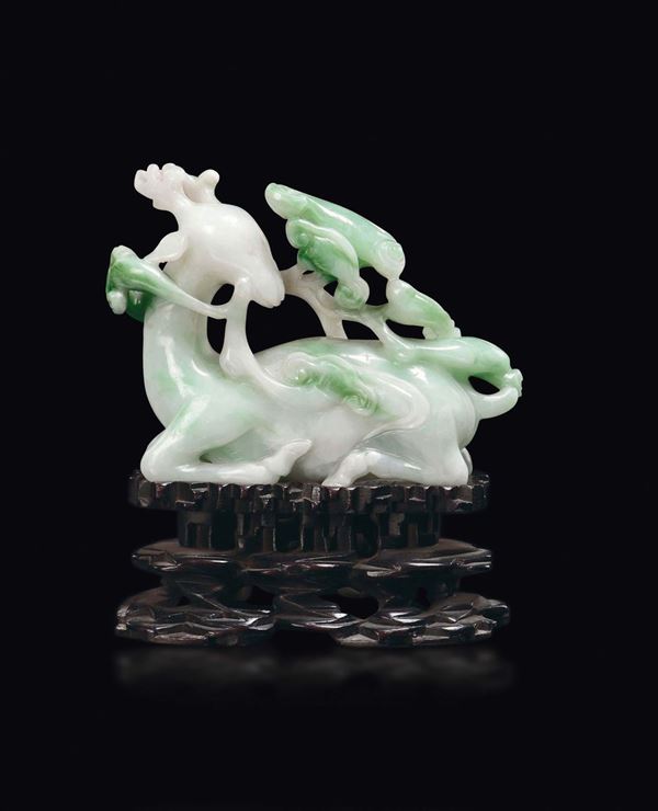 A jadeite figure of deer with branches, China, Qing Dynasty, 19th century