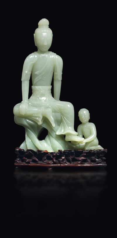Gruppo in Giada Bianca Raffigurante Buddha e Discepolo, Cina, Dinastia Qing, XVIII Secolo