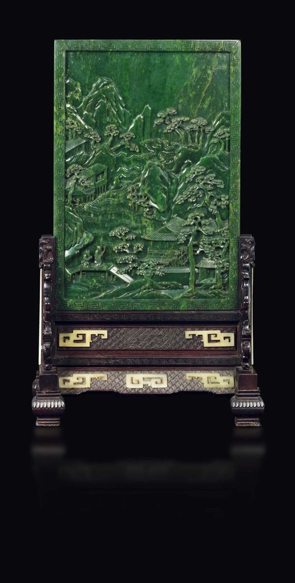 An imperial inscribed spinach-green jade table screen with zitan stand, China, Qing Dynasty, Qianlong  [..]