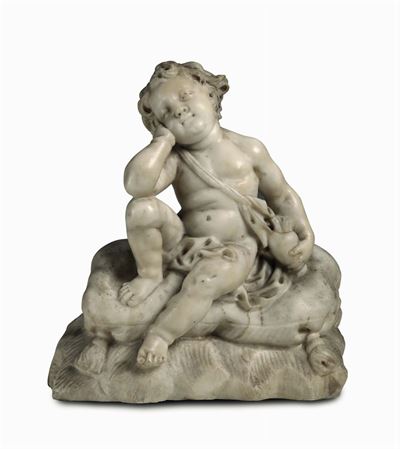 Putto Sognante in Marmo Bianco. Scultore Barocco Italiano Operante nella Seconda Metà del XVII Se...