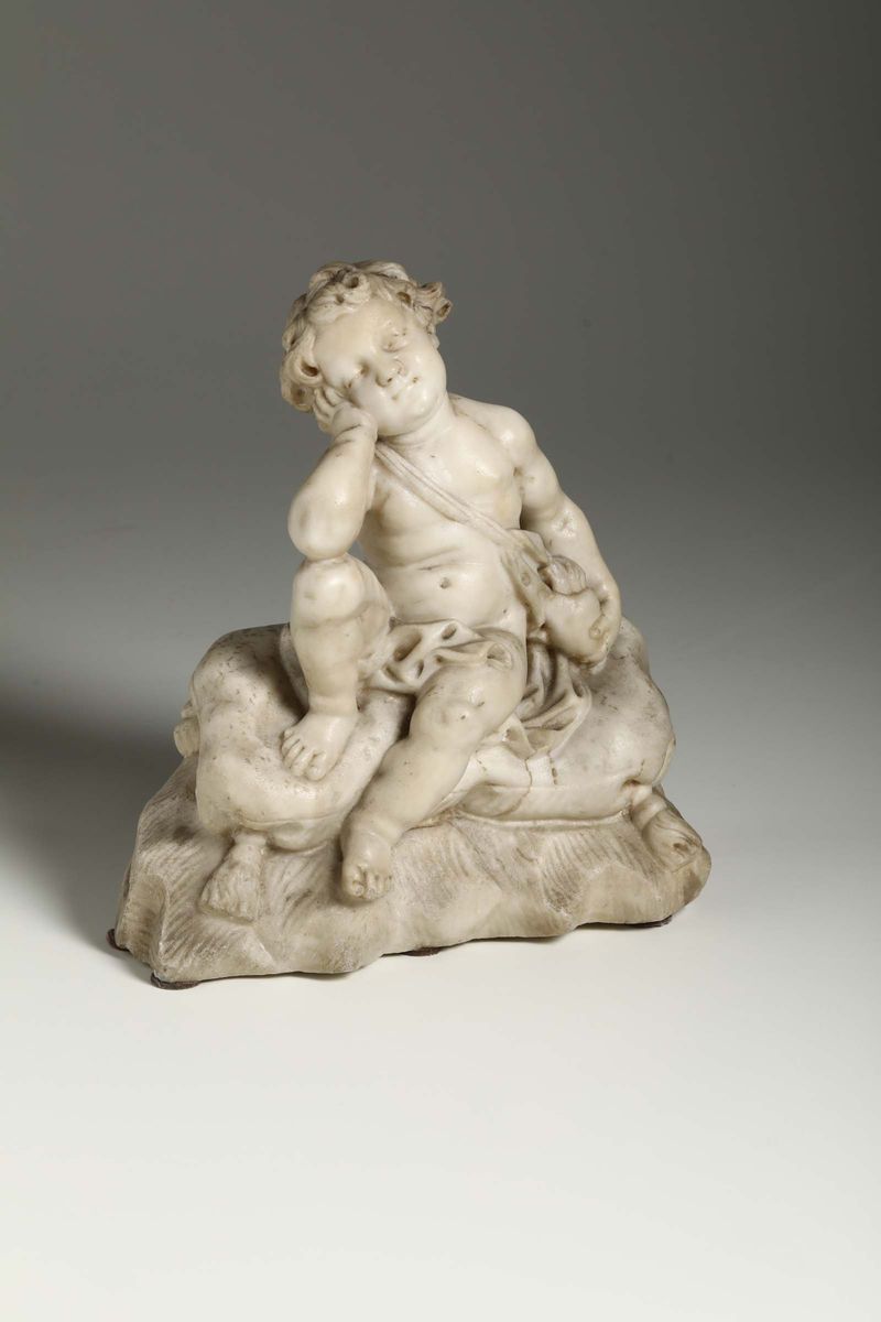 Putto Sognante in Marmo Bianco. Scultore Barocco Italiano Operante nella Seconda Metà del XVII Se...