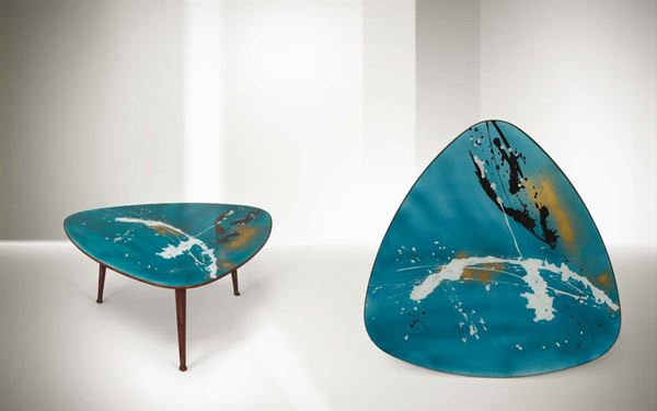 Osvaldo Borsani and Lucio Fontana, a low walnut table with a rare and important top in hand-painted  [..]