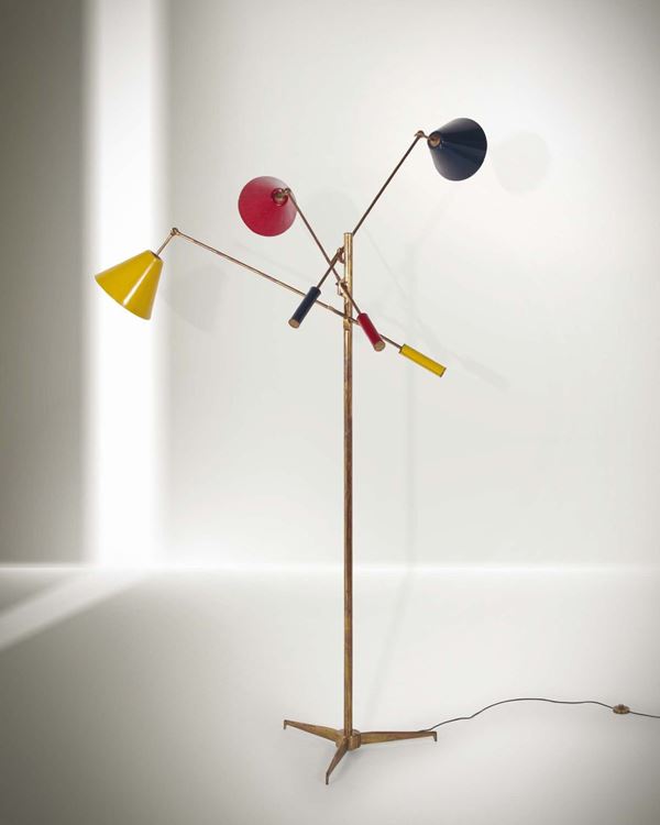 Angelo Lelli, a floor lamp, model 12128 Triennale, in brass with reflectors in lacquered aluminium. Arredoluce production, Italy, 1951 cm 157