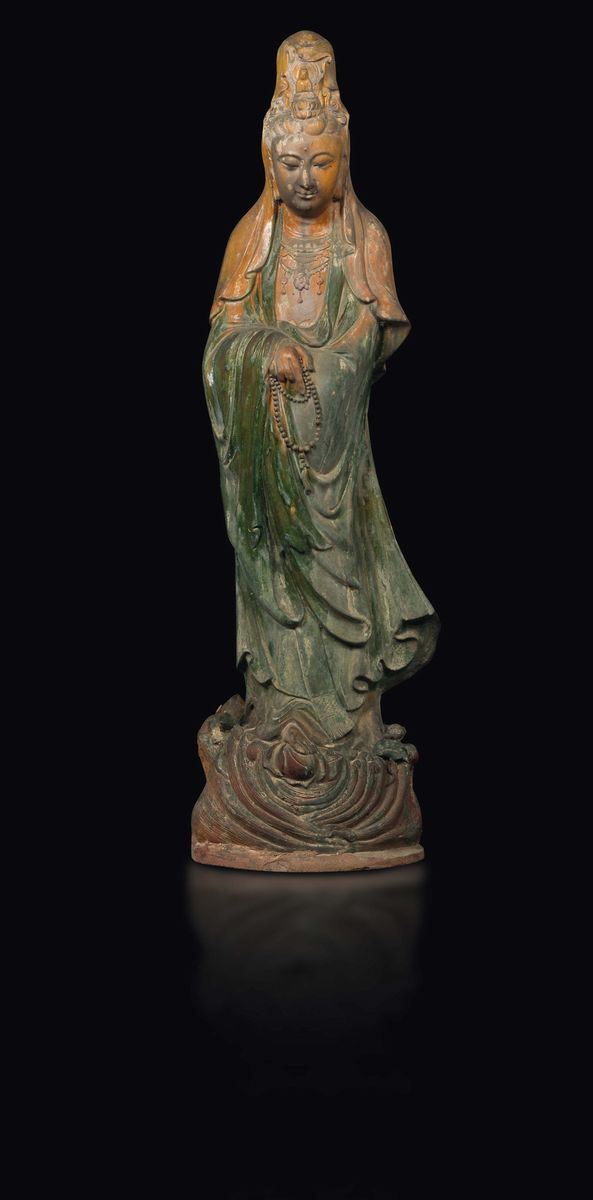 A large painted pottery figure of Guanyin, China, Qing Dynasty, 18h century