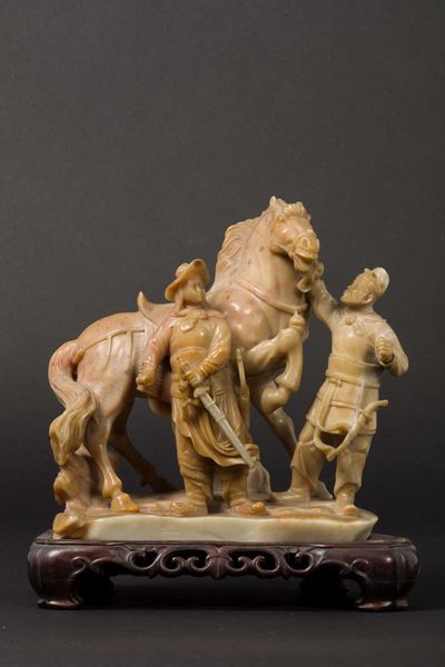 Gruppo Scolpito in Saponaria con Cavallo e Cavalieri, Cina, Inizio XX Secolo