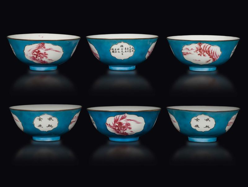 Six turquoise-ground porcelain bowls with inscriptions and naturalistic decoration within reserves, China, Qing Dynasty, 19th century  - Auction Fine Chinese Works of Art - Cambi Casa d'Aste