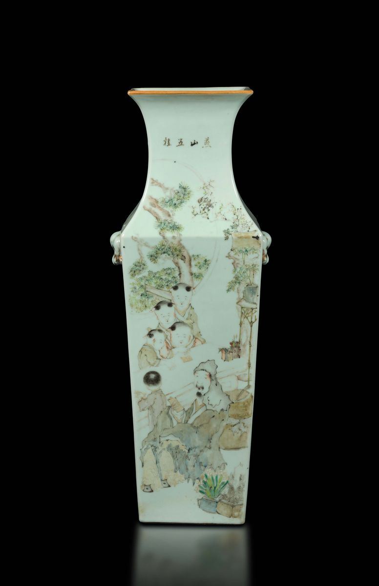 A polychrome enamelled porcelain squared vase with landscape, children and inscriptions, China, Qing Dynasty, 19th century  - Auction Fine Chinese Works of Art - Cambi Casa d'Aste