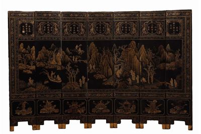 Parascintille in Legno Laccato con Paesaggio e Personaggi ed Iscrizioni Entro Riserve, Cina, Dina...