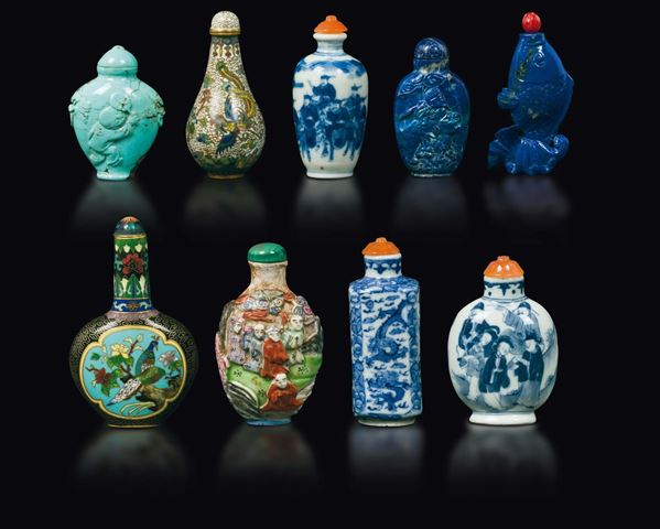 Nine snuff bottles: two closionné, four porcelain, two lapis lazuli and one turquoise ones, China, Qing Dynasty, 18th/19th century