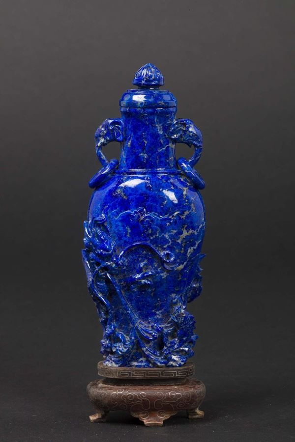A small lapis lazuli vase with dragon in relief, China, early 20th century
