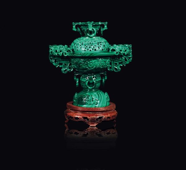 A carved malachite censer with ring handles, China, early 20th century