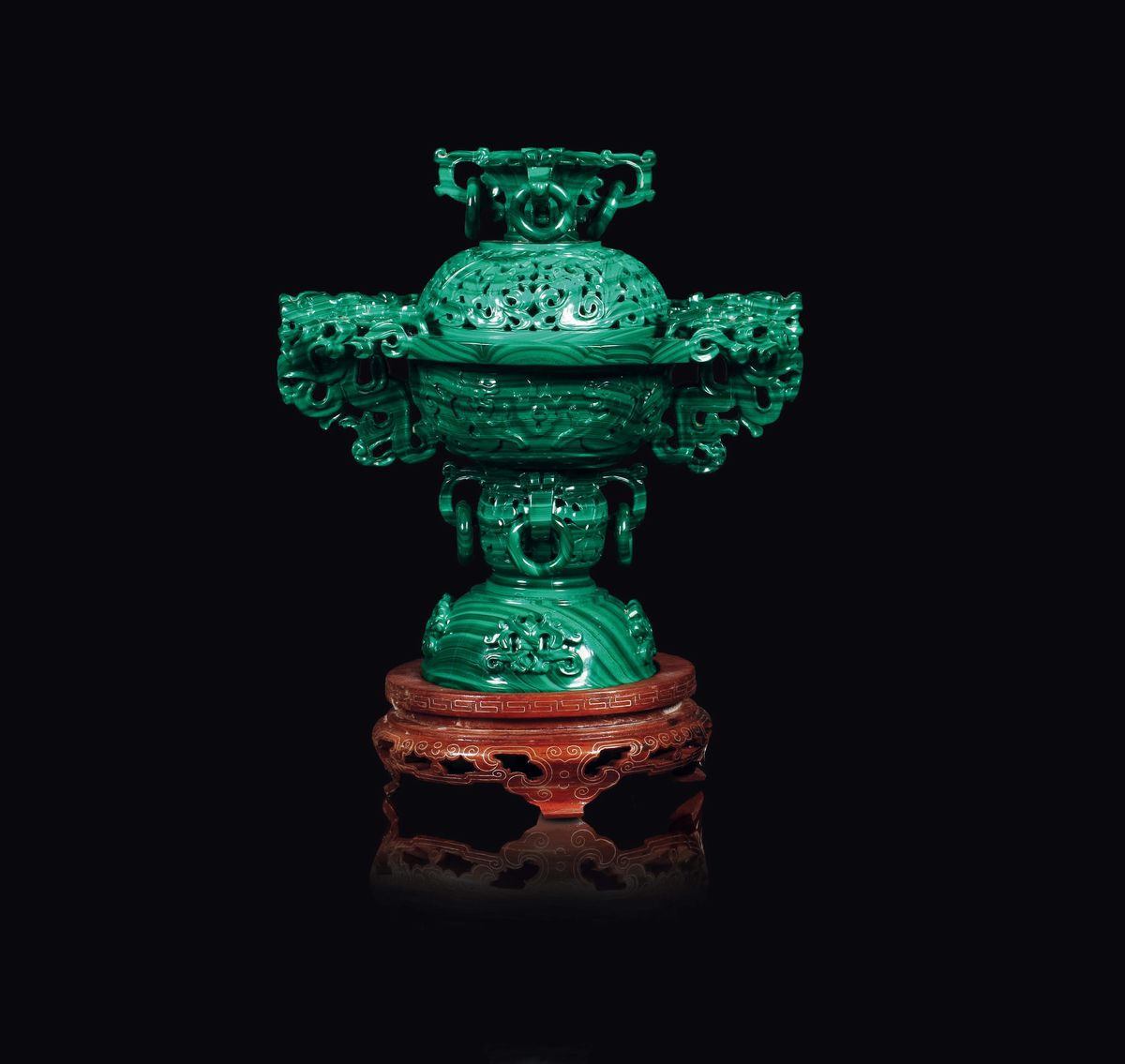 Incensiere con Coperchio in Malachite con Manici Ad Anelli, Cina, Inizio XX Secolo