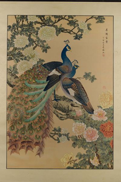 Dipinto su Carta Raffigurante Pavoni con Iscrizione, Cina, Dinastia Qing, Fine XIX Secolo