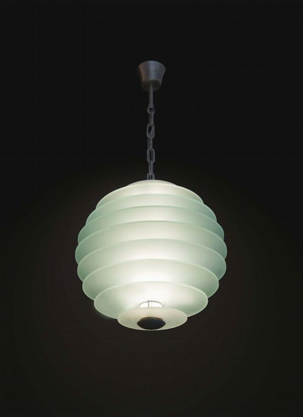 Gio Ponti, a pendant lamp with a chromed metal structure, satin-finished crystal disks and a sanded glass shade. Fontana Arte production, Italy, 1930 ca. cm 45x45