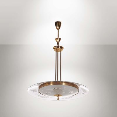 Lampada da Sospensione con Struttura in Ottone e Diffusore in Vetro.