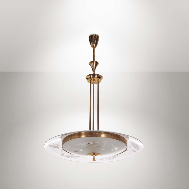 Lampada da sospensione con struttura in ottone e diffusore in vetro.  - Auction Design II - II - Cambi Casa d'Aste