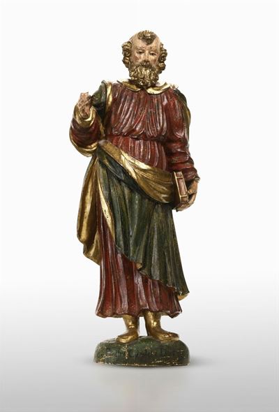 Figura di Santo in Legno Scolpito, Laccato e Dorato, Scuola Lombarda del XVI Secolo