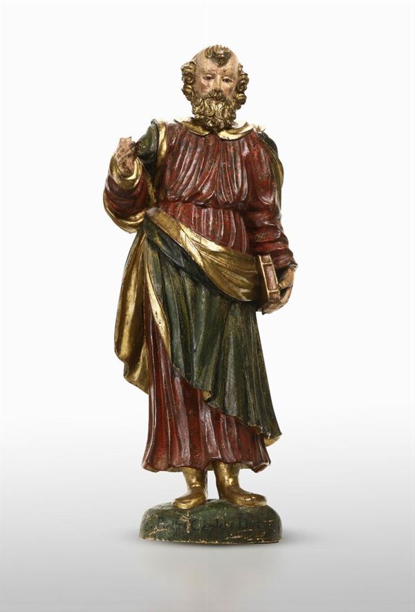 Figura di Santo in legno scolpito, laccato e dorato, scuola lombarda del XVI secolo