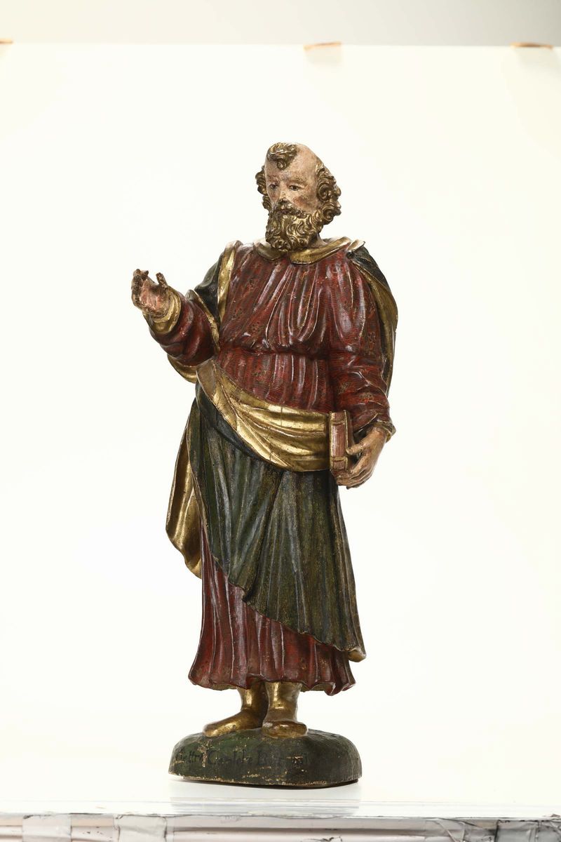 Figura di Santo in Legno Scolpito, Laccato e Dorato, Scuola Lombarda del XVI Secolo