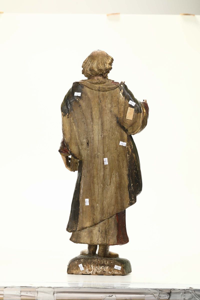 Figura di Santo in Legno Scolpito, Laccato e Dorato, Scuola Lombarda del XVI Secolo