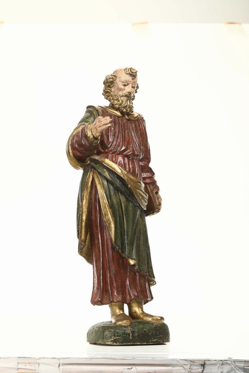 Figura di Santo in Legno Scolpito, Laccato e Dorato, Scuola Lombarda del XVI Secolo