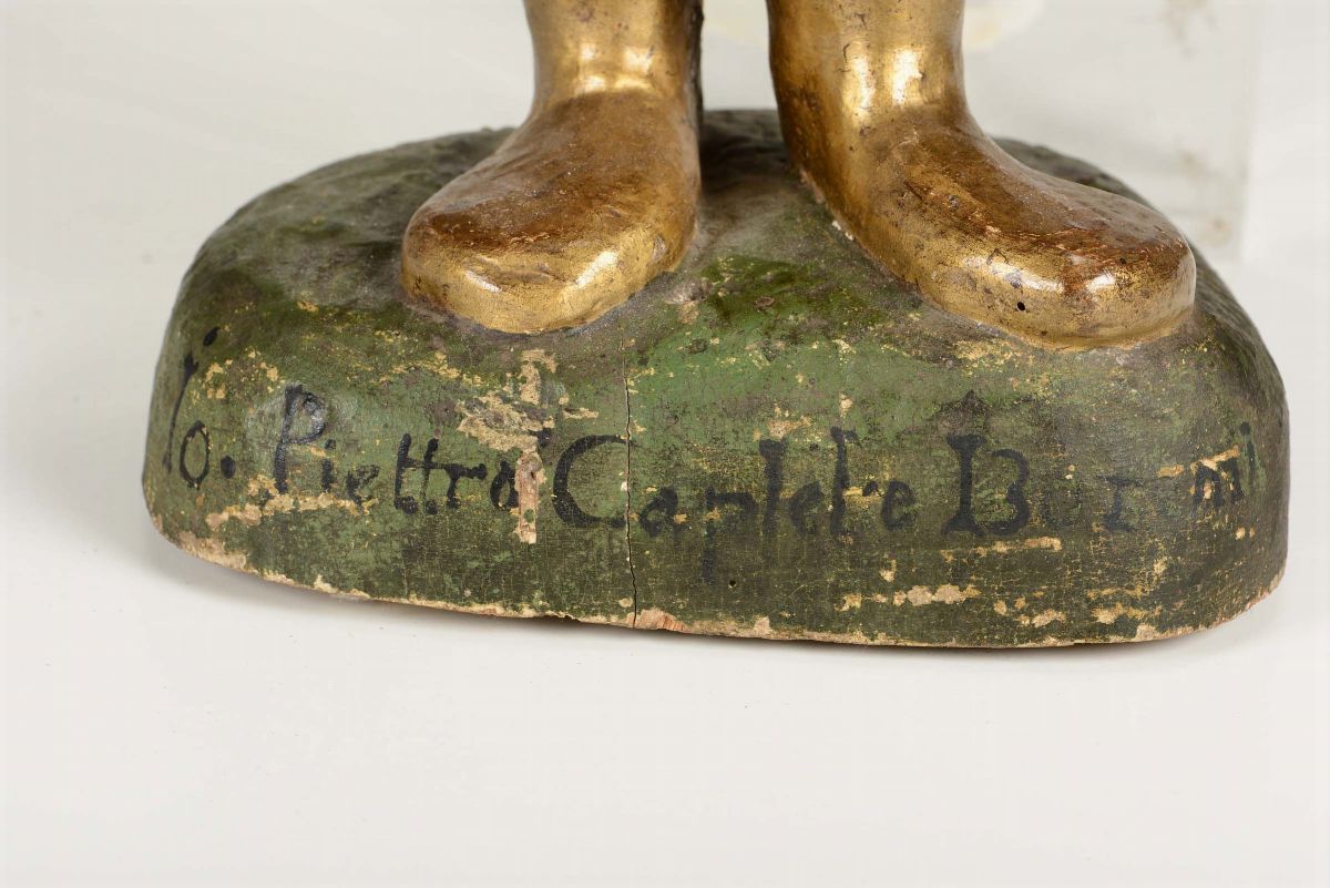 Figura di Santo in Legno Scolpito, Laccato e Dorato, Scuola Lombarda del XVI Secolo