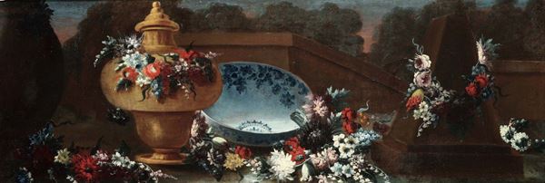 Francesco Lavagna (1684 - 1724) Natura morta con fiori e vasellame