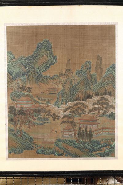 Dipinto su Seta Raffigurante Paesaggio Montano con Case e Sigillo, Cina, Dinastia Qing, XVIII Sec...