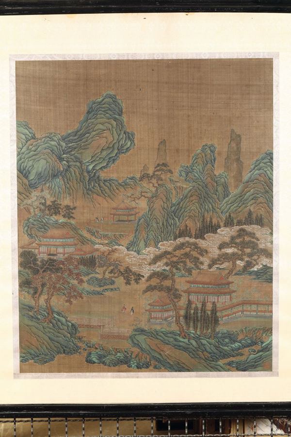 Dipinto su seta raffigurante paesaggio montano con case e sigillo, Cina, Dinastia Qing, XVIII secolo