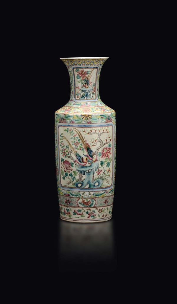 A Canton porcelain vase with pheasants within reserves, China, Qing Dynasty, 19th century
