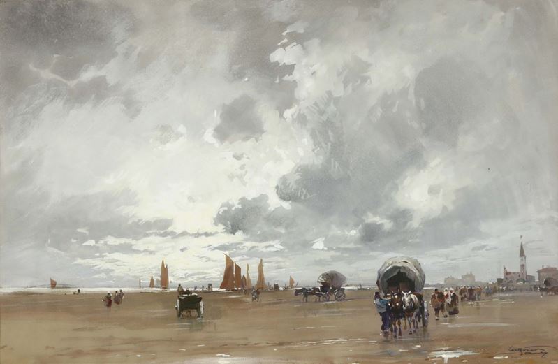Aurelio Craffonara (1875-1945) Carrozze e figure sulla spiaggia  - Asta Dipinti del XIX e XX secolo - Cambi Casa d'Aste