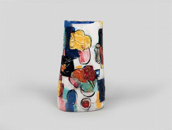 Aldo Guenzani, 1955. An umbrella stand in tin-glazed terracotta with an abstract polychrome decor