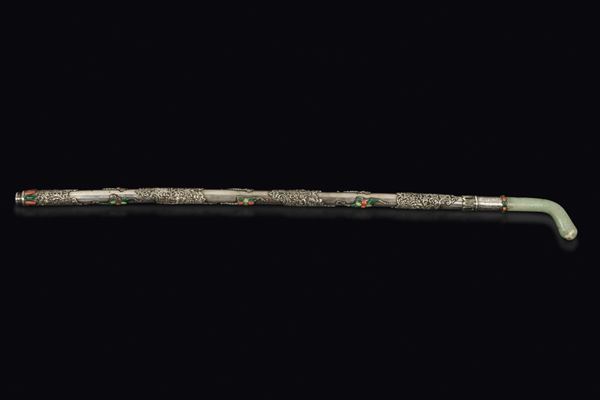 A silver stick with jade handle with semi-precious stones inlays, China, Qing Dynasty, 19th century