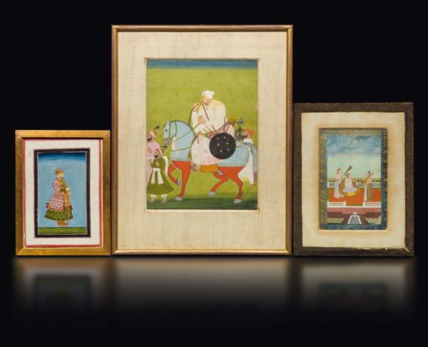 Tre miniature su carta con personaggi, India, XIX secolo