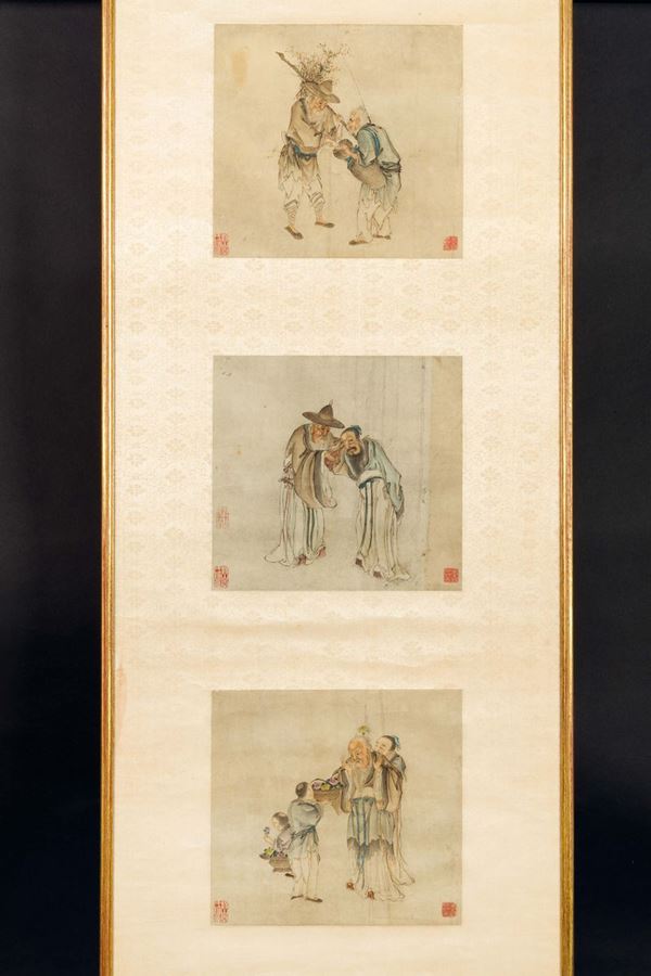 Tre acquerelli incorniciati raffiguranti scene di vita comune, Cina, Dinastia Qing, XIX secolo
