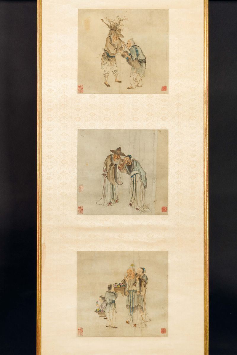 Tre acquerelli incorniciati raffiguranti scene di vita comune, Cina, Dinastia Qing, XIX secolo  - Asta Fine Chinese Works of Art - Cambi Casa d'Aste
