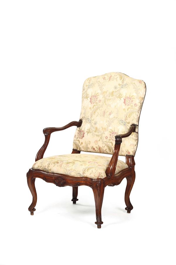 An armchair in sculpted walnut, Genoa, second half of the 18th century