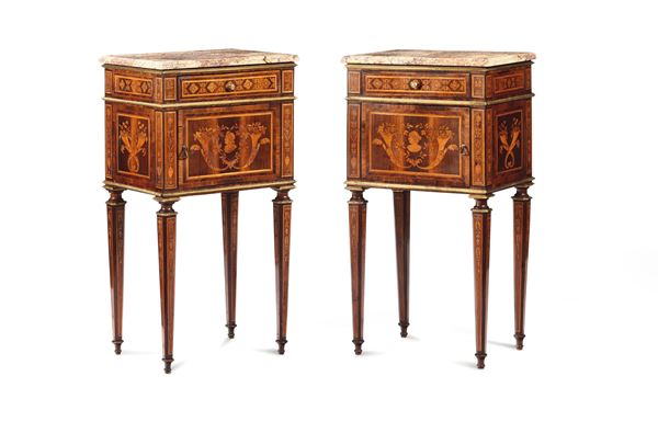 A pair of nightstands with a walnut veneer, threaded and carved in precious woods, moulded profiles in molten, gilded and chiselled bronze, Lombardy, end of the 18th century