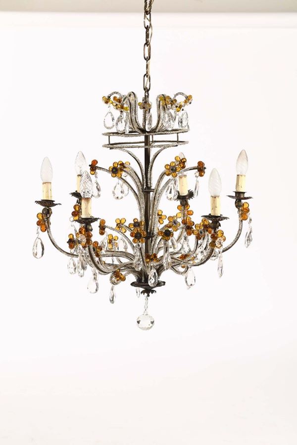 Lampadario a sei luci in metallo e cristalli, XIX secolo