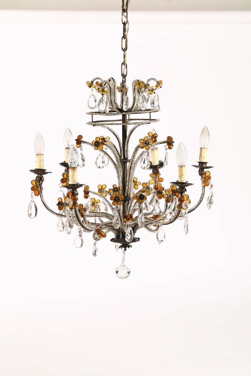Lampadario a sei luci in metallo e cristalli, XIX secolo  - Auction Fine Art - Cambi Casa d'Aste