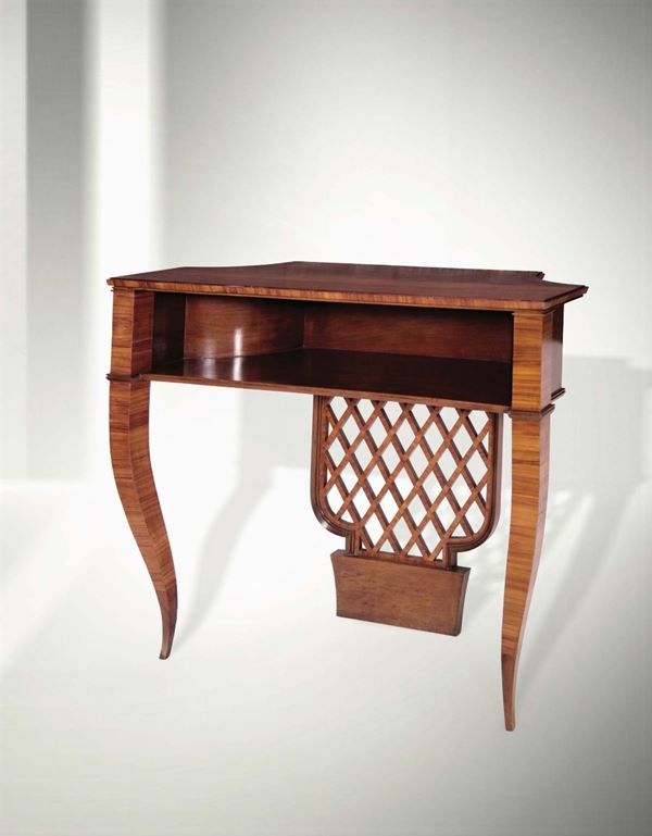 Gio Ponti, a rare console table with a wooden structure and walnut siding. Original certificate Gio Ponti Archives. Italy, 1930 ca. cm 105x100x42