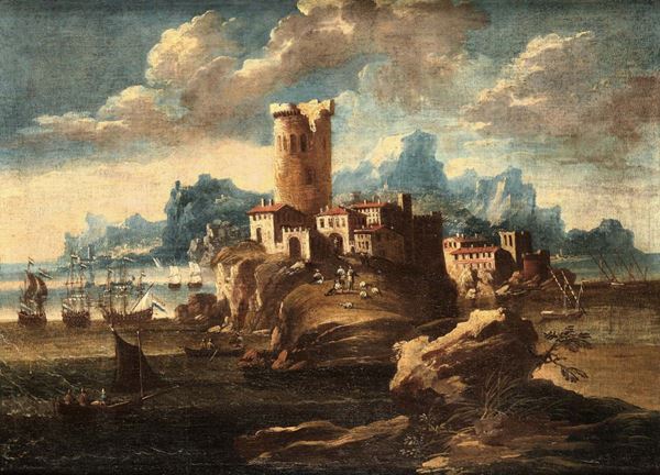 Scuola genovese del XVII secolo Paesaggio con torre