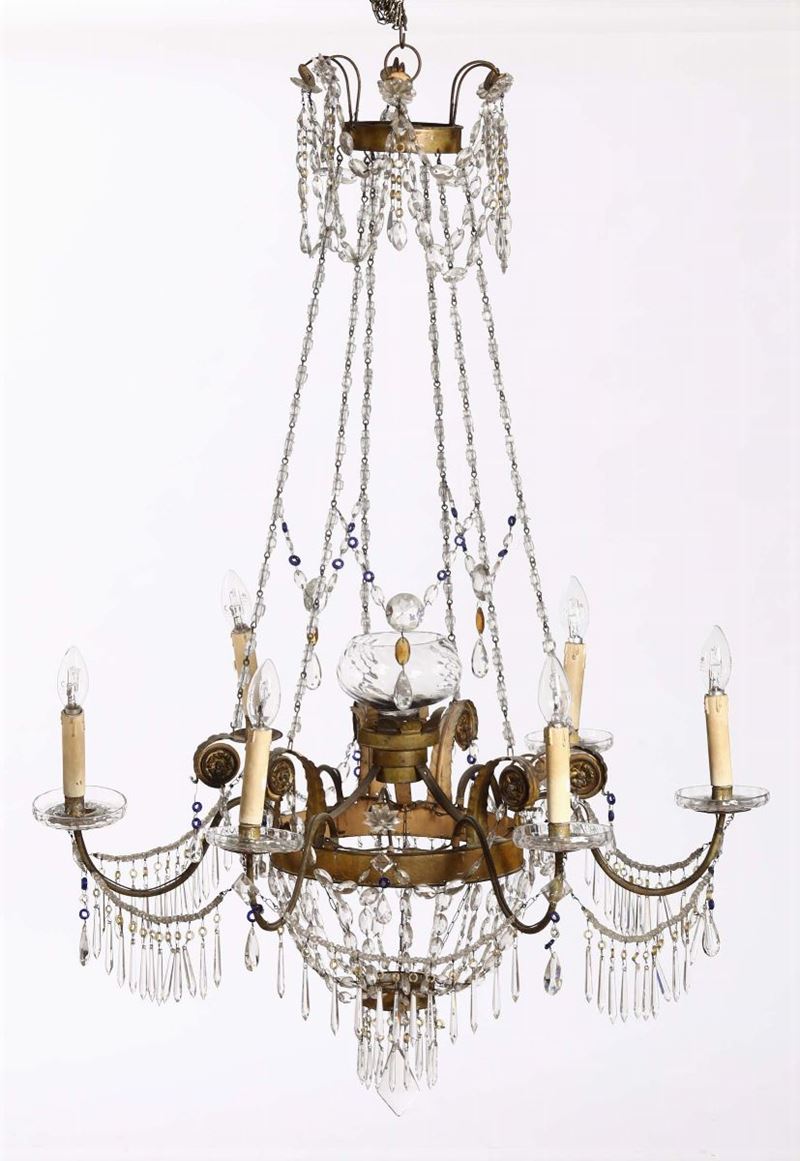 Coppia di lampadari a mongolfiera a sei bracci in metallo e cristalli, prima metà XIX secolo  - Asta Importanti Opere e Arredi - Cambi Casa d'Aste