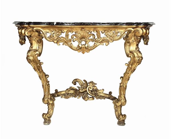 Consolle Luigi XV a goccia in legno intagliato e dorato, XIX secolo