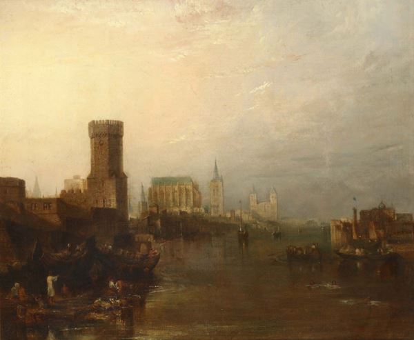 Scuola nordeuropea del XVIII secolo Scorcio di città dal fiume