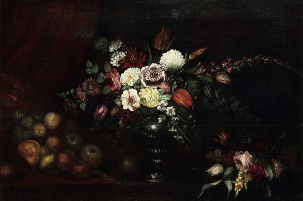 Scuola Italiana del XVII secolo Natura morta con fiori e frutta