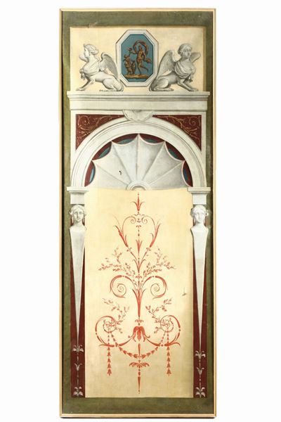 Boiserie Composta da Sette Pannelli su Tela Dipinta a Motivi di Gusto Neoclassico, Italia, XVIII-...